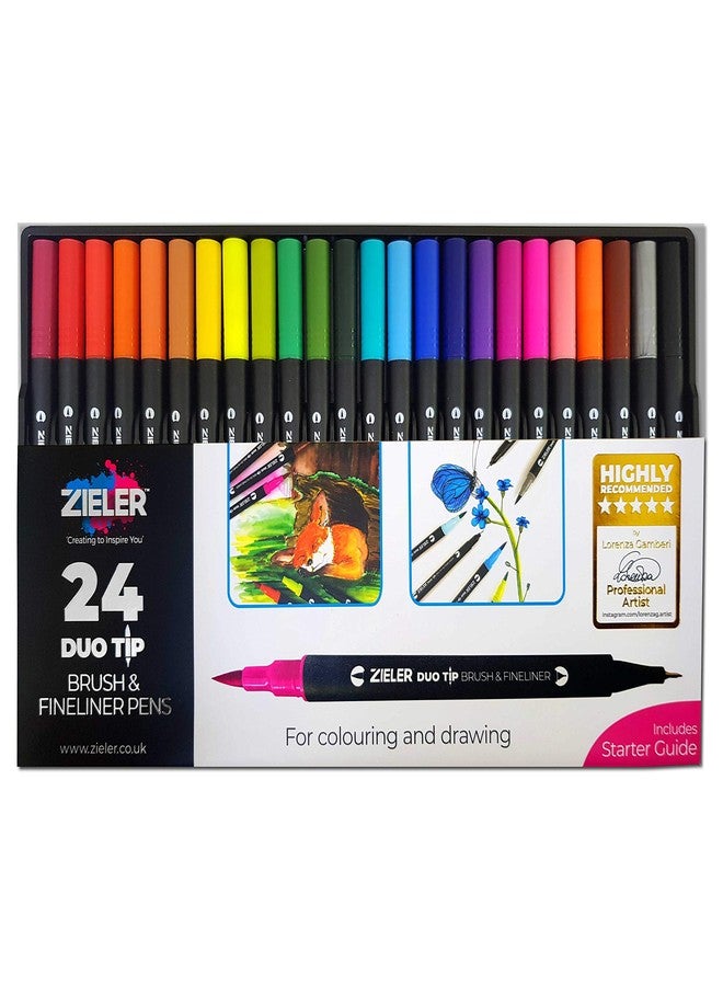 Zieler Fineliner Pens & Watercolour Brush Pens (Duo Tip, Set of 24) Ideal for Colouring, Drawing & Hand Lettering - 48 nibs - Vibrant Colours - Washable, Water-Based Ink - Image 1