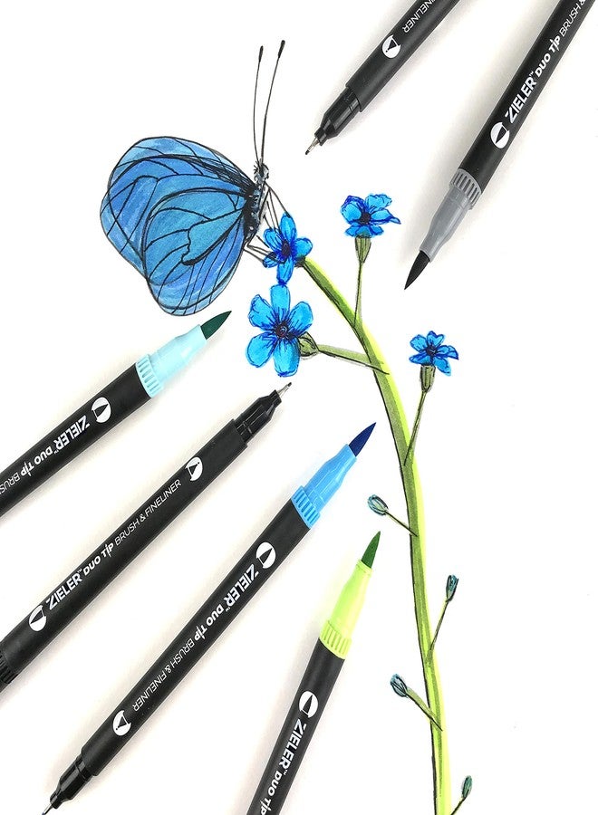 Zieler Fineliner Pens & Watercolour Brush Pens (Duo Tip, Set of 24) Ideal for Colouring, Drawing & Hand Lettering - 48 nibs - Vibrant Colours - Washable, Water-Based Ink - Image 5