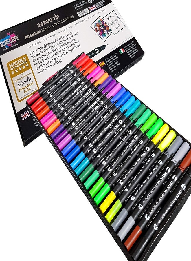 Zieler Fineliner Pens & Watercolour Brush Pens (Duo Tip, Set of 24) Ideal for Colouring, Drawing & Hand Lettering - 48 nibs - Vibrant Colours - Washable, Water-Based Ink - Image 3