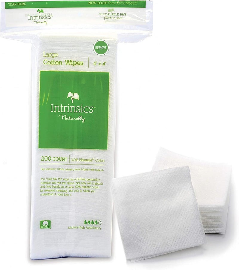 Intrinsics Large 4x4 Cotton Squares (200 Count) | 4-Ply Cotton Pads for Face & Makeup Removal | Lint-Free Facial Cleansing Pads & Face Pads for Toner | Hypoallergenic and 100% Pure Cotton
