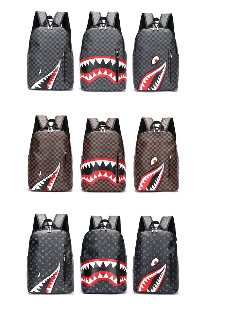 NIBEMINENT - Sharks In Paris Backpack Brown-Plaid Pattern Big Mouth - Image 1