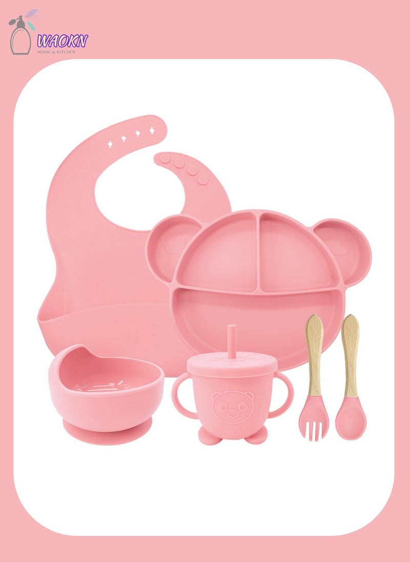 WAOKN 6Pcs Baby Silicone Tableware Set Special For Infants To Eat Their Own Training Tableware Set Including Complementary Food Bowl Sippy Cup Dinner Plate Bib Fork And Spoon(Light pink) - Image 1