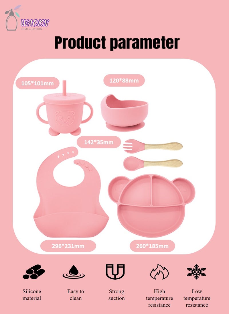 WAOKN 6Pcs Baby Silicone Tableware Set Special For Infants To Eat Their Own Training Tableware Set Including Complementary Food Bowl Sippy Cup Dinner Plate Bib Fork And Spoon(Light pink) - Image 2