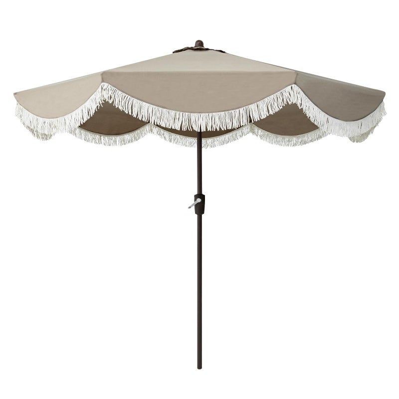Tempera 9ft Auto Tilt Scalloped Patio Umbrellas with Fringe, Outdoor Table Umbrellas with Fade Resistant Canopy, 8 Sturdy Rids, Luxurious Vintage Umbrellas for Lawn, Pool, Deck, Balcony - Image 1