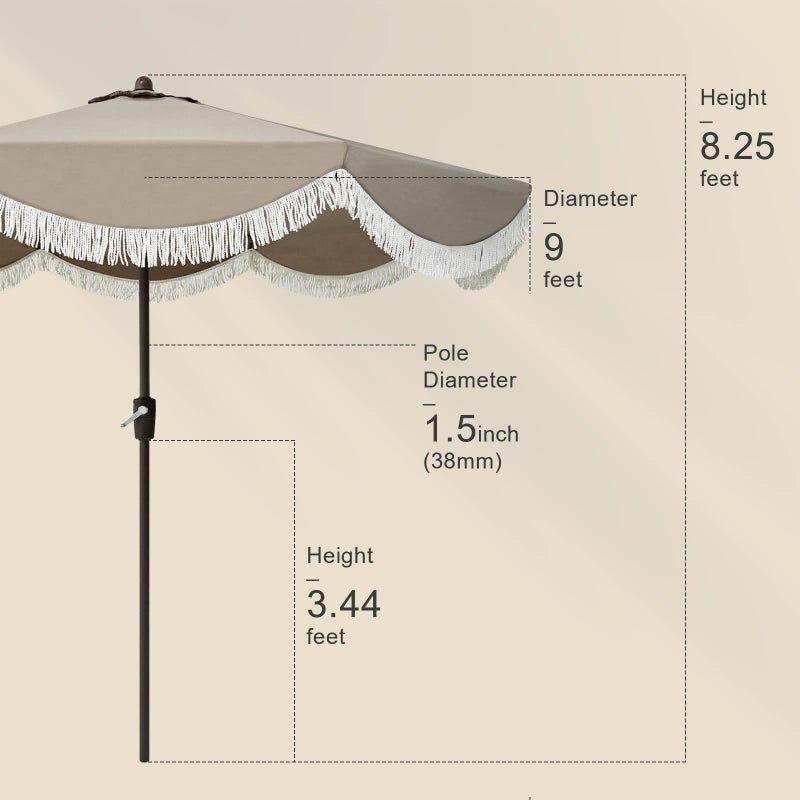 Tempera 9ft Auto Tilt Scalloped Patio Umbrellas with Fringe, Outdoor Table Umbrellas with Fade Resistant Canopy, 8 Sturdy Rids, Luxurious Vintage Umbrellas for Lawn, Pool, Deck, Balcony - Image 5