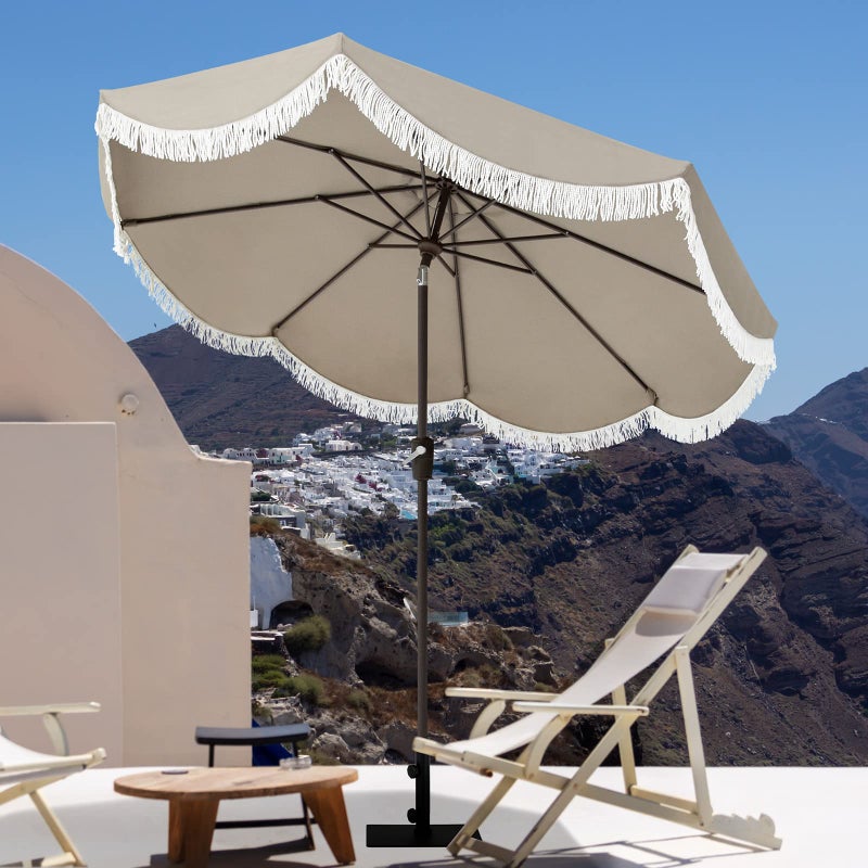 Tempera 9ft Auto Tilt Scalloped Patio Umbrellas with Fringe, Outdoor Table Umbrellas with Fade Resistant Canopy, 8 Sturdy Rids, Luxurious Vintage Umbrellas for Lawn, Pool, Deck, Balcony - Image 2
