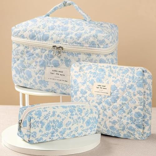 Sprqcart ﻿Sprqcart Makeup Bag Set for Women Cotton Quilted Cosmetic Pouch with Zipper- Large Floral Toiletry Organizer Travel Kit for Skincare Hair Accessories | Pack of 3, Blue & White - Image 5