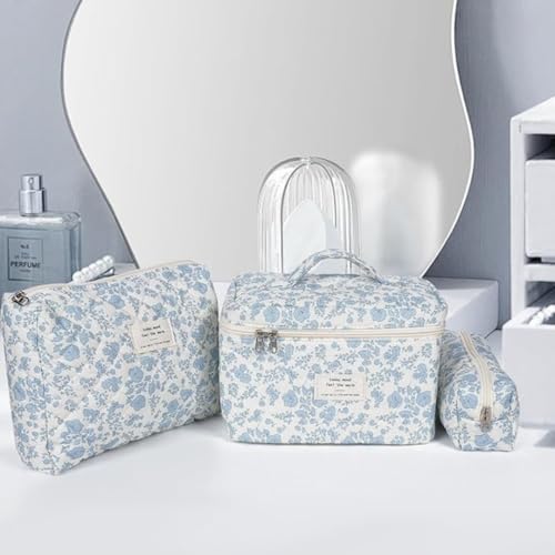 Sprqcart ﻿Sprqcart Makeup Bag Set for Women Cotton Quilted Cosmetic Pouch with Zipper- Large Floral Toiletry Organizer Travel Kit for Skincare Hair Accessories | Pack of 3, Blue & White - Image 2
