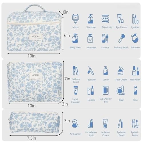 Sprqcart ﻿Sprqcart Makeup Bag Set for Women Cotton Quilted Cosmetic Pouch with Zipper- Large Floral Toiletry Organizer Travel Kit for Skincare Hair Accessories | Pack of 3, Blue & White - Image 4