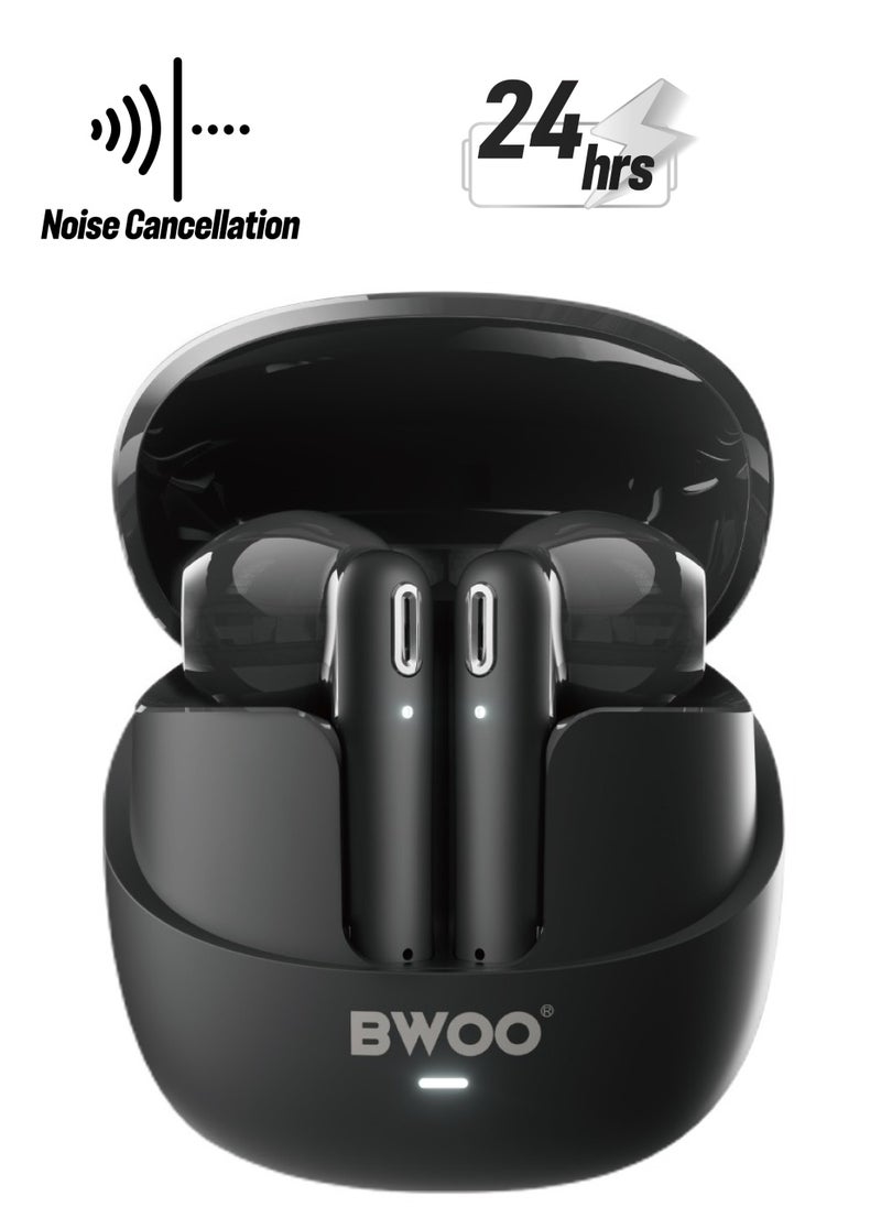BWOO Bwoo True Wireless Headphones with ENC Half-in-ear Wireless Earbuds BT V5.3 for Gaming and Sports (Black)  - Image 1