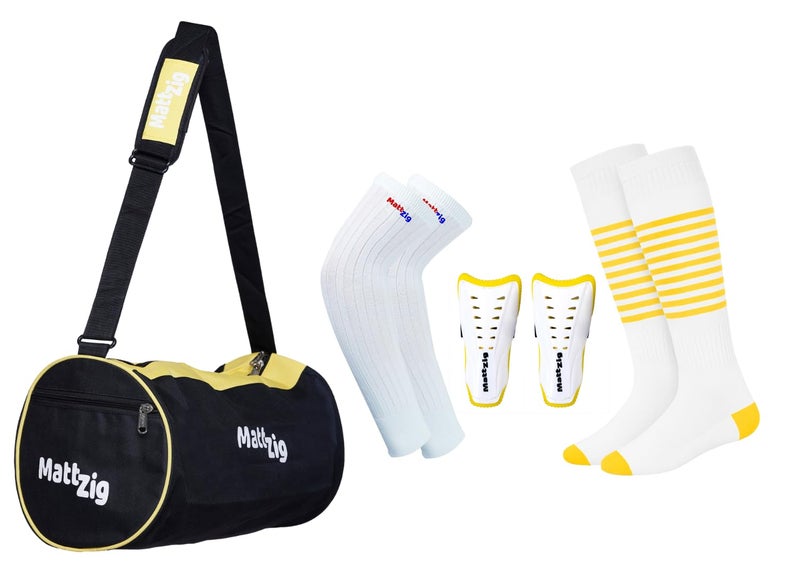 MATTZIG ® Club Bag Football Kit (One Pair of Striped Lycra Socks + One Pair of Shin Guard + One Pair of Cotton Arm Sleeves + One Kit Bag) (Golden White) - Image 1