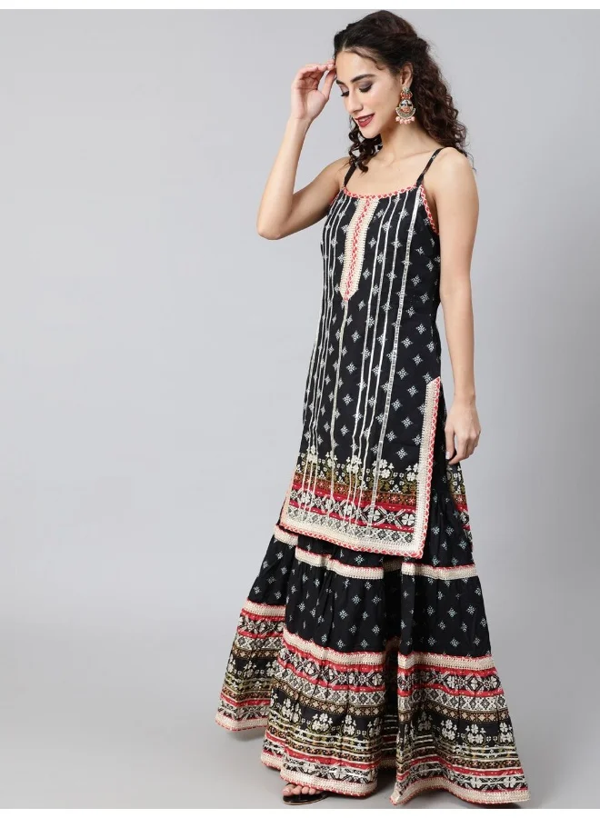 AKS AKS Couture Ethnic Motifs Printed Gotta Patti Pure Cotton Kurta With Sharara & Dupatta
