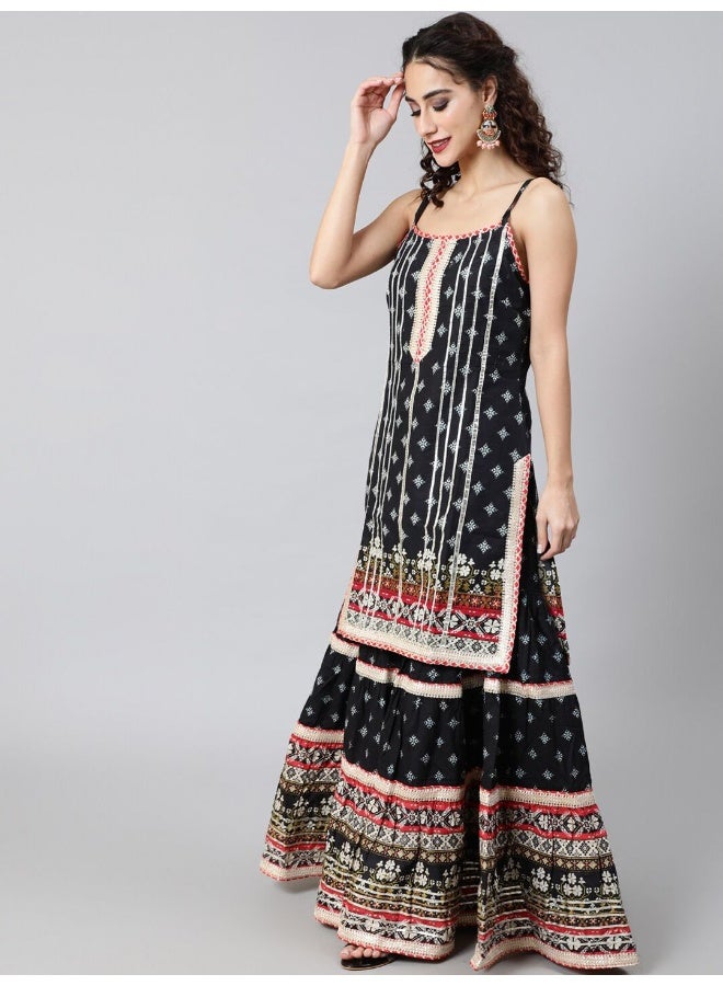 AKS Couture Ethnic Motifs Printed Gotta Patti Pure Cotton Kurta With Sharara & Dupatta - Image 5