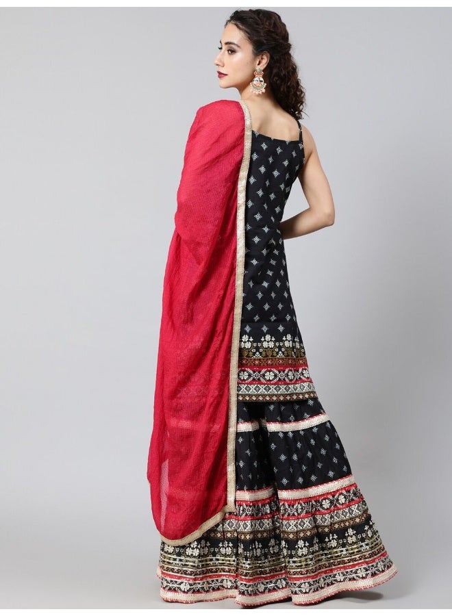 AKS Couture Ethnic Motifs Printed Gotta Patti Pure Cotton Kurta With Sharara & Dupatta - Image 4