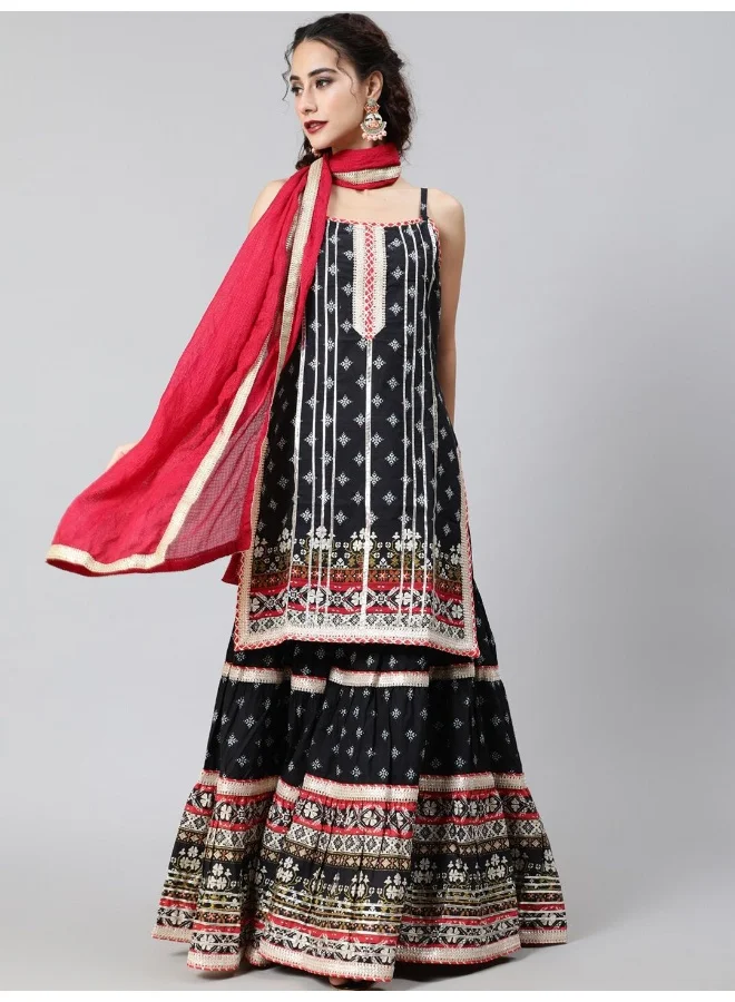 AKS AKS Couture Ethnic Motifs Printed Gotta Patti Pure Cotton Kurta With Sharara & Dupatta