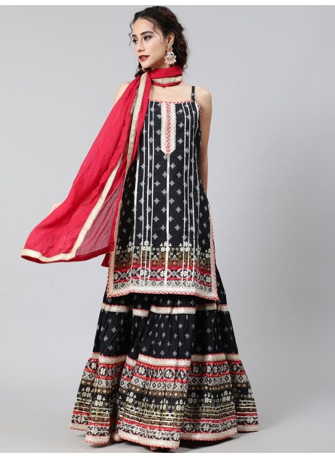 AKS Couture Ethnic Motifs Printed Gotta Patti Pure Cotton Kurta With Sharara & Dupatta - Image 1