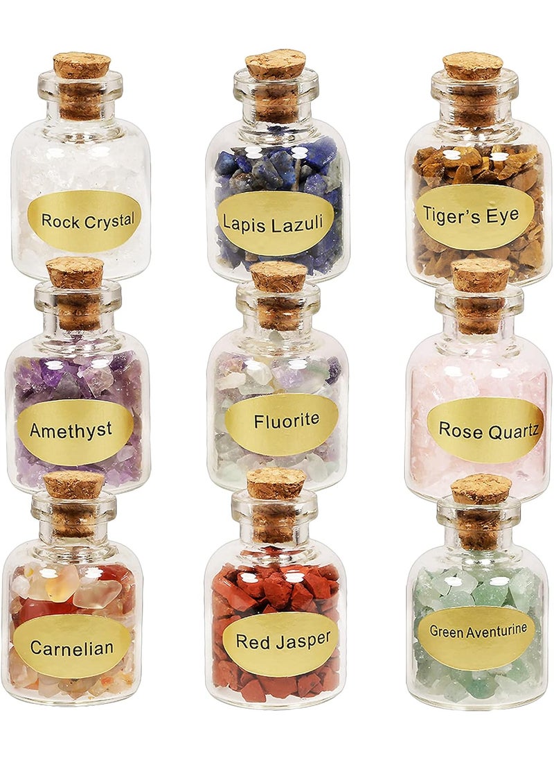 mookaitedecor mookaitedecor 9pcs Mini Glass Wishing Bottles Tumbled Gemstone Crystal Chips Healing Reiki Stones Set 