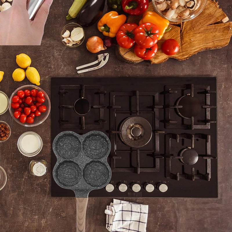 Non-stick Egg Frying Pan 20cm Deepened Four-hole Breakfast Skillet Cooker for Home Use Black Mooncake Shape Food-grade Coating Frying Pan - Image 4