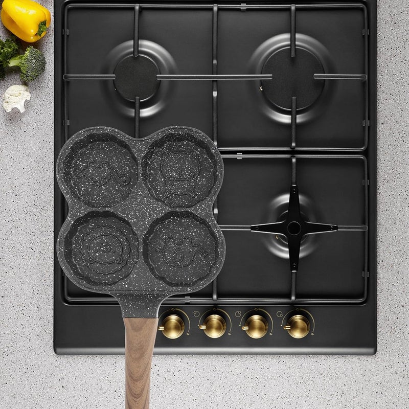 Non-stick Egg Frying Pan 20cm Deepened Four-hole Breakfast Skillet Cooker for Home Use Black Mooncake Shape Food-grade Coating Frying Pan - Image 5