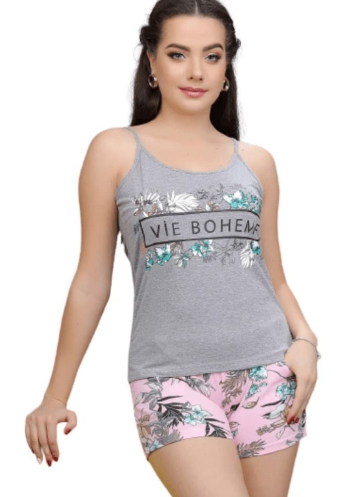 جنة طقم هوت شورت قطن بطبعات وحماله منزليه للنساء