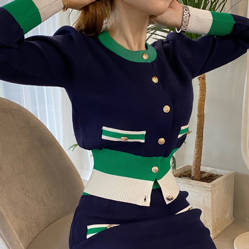 Sweater Dress Two-piece Elegant Autumn and Winter Goddess Style Knitted Cardigan Jacket Slim-fit Slimming Hip Mid-length Picture Color (Set)