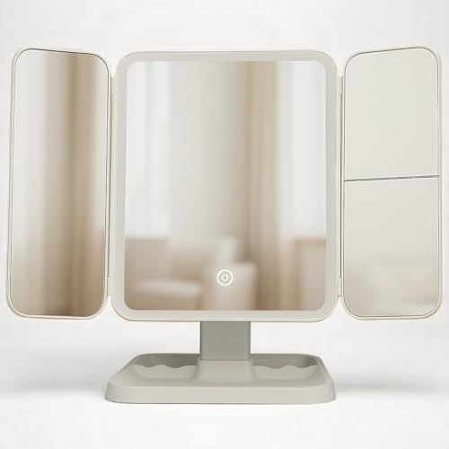 SELLSHO Plastic Rectangular LED Makeup Mirror with Adjustable Trifold Angle and LED Lights | Vanity Mirror with 3 Adjustable Coloured LED Light with USB Power and Battery Power (White), Tabletop - Image 1