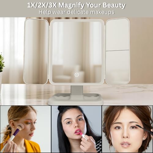 SELLSHO Plastic Rectangular LED Makeup Mirror with Adjustable Trifold Angle and LED Lights | Vanity Mirror with 3 Adjustable Coloured LED Light with USB Power and Battery Power (White), Tabletop - Image 4