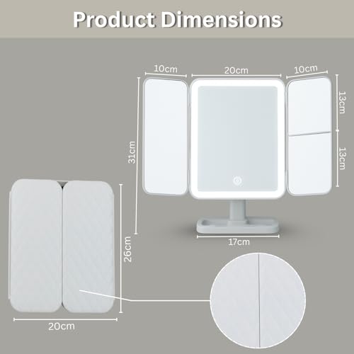 SELLSHO Plastic Rectangular LED Makeup Mirror with Adjustable Trifold Angle and LED Lights | Vanity Mirror with 3 Adjustable Coloured LED Light with USB Power and Battery Power (White), Tabletop - Image 3