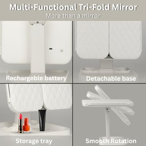 SELLSHO Plastic Rectangular LED Makeup Mirror with Adjustable Trifold Angle and LED Lights | Vanity Mirror with 3 Adjustable Coloured LED Light with USB Power and Battery Power (White), Tabletop - Image 5