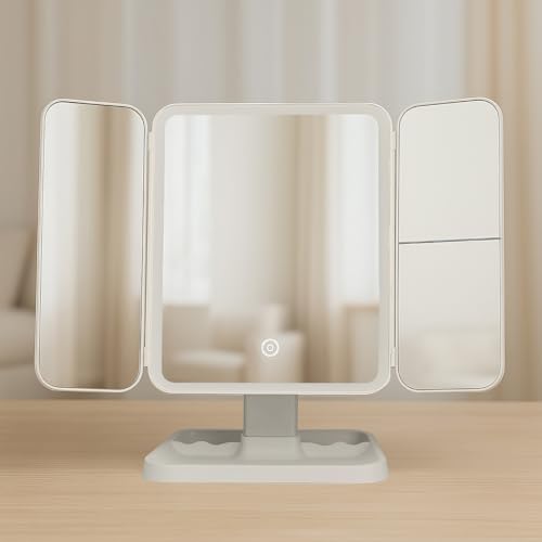 SELLSHO Plastic Rectangular LED Makeup Mirror with Adjustable Trifold Angle and LED Lights | Vanity Mirror with 3 Adjustable Coloured LED Light with USB Power and Battery Power (White), Tabletop - Image 2