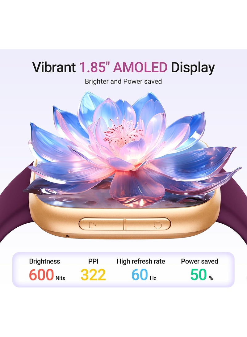 ساعة ذكية نسائية - متعقب لياقة بدنية بشاشة AMOLED مقاس 1.85 بوصة مع مكالمات بلوتوث، مراقبة معدل ضربات القلب/النوم/الأكسجين، أكثر من 100 وضع رياضي، مقاومة للماء 3ATM لأجهزة أندرويد وآيفون مع سوارين - Image 2