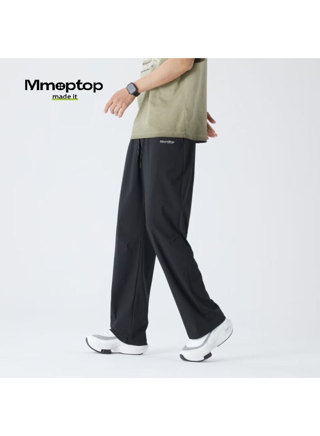 Mmoptop بنطلون رياضي عادي من حرير الجليد للرجال، ربيع وصيف مستقيم رقيق فضفاض واسع الأرجل، Md01 أسود XL - Image 3