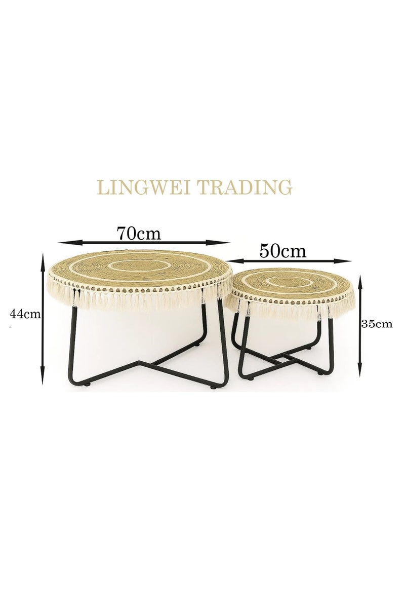LINGWEI 2‑Piece Natural Jute & Wood Nesting Coffee Table Set – Round Boho Accent Tables with Metal Legs, Tassel Trim - Image 3