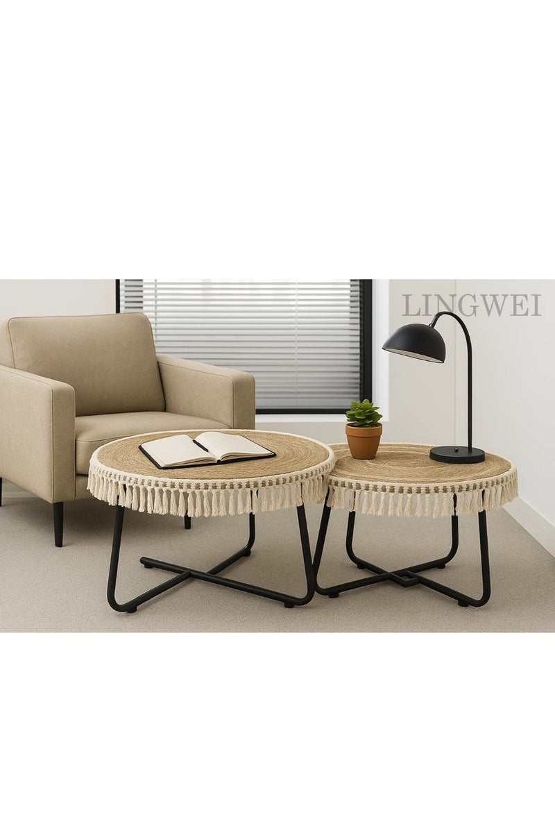 LINGWEI 2‑Piece Natural Jute & Wood Nesting Coffee Table Set – Round Boho Accent Tables with Metal Legs, Tassel Trim - Image 5