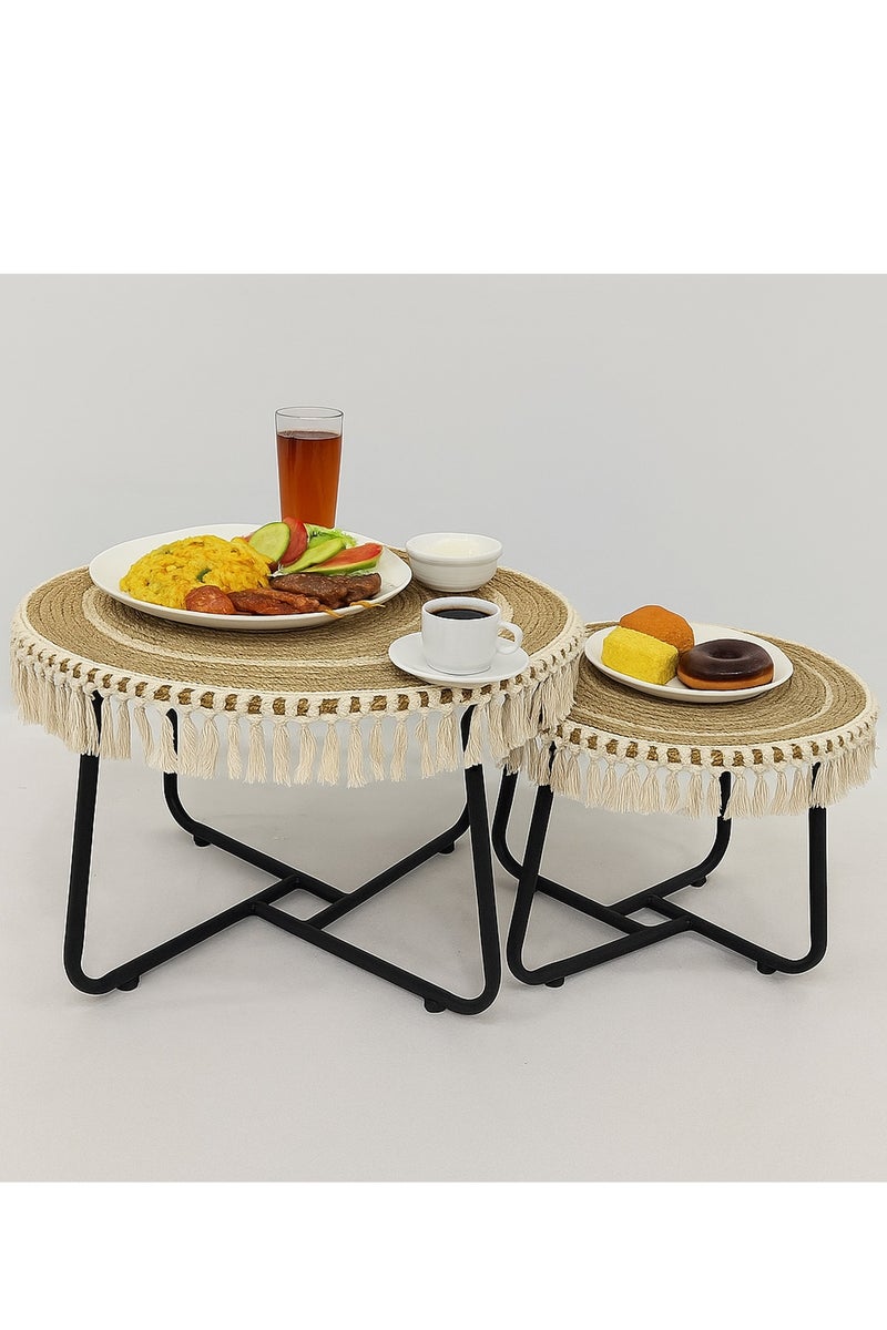 LINGWEI 2‑Piece Natural Jute & Wood Nesting Coffee Table Set – Round Boho Accent Tables with Metal Legs, Tassel Trim - Image 1