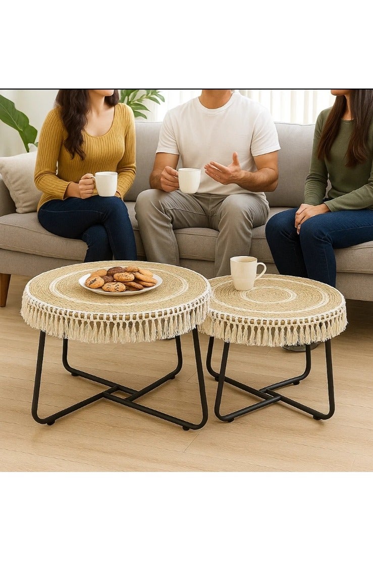 LINGWEI 2‑Piece Natural Jute & Wood Nesting Coffee Table Set – Round Boho Accent Tables with Metal Legs, Tassel Trim - Image 2