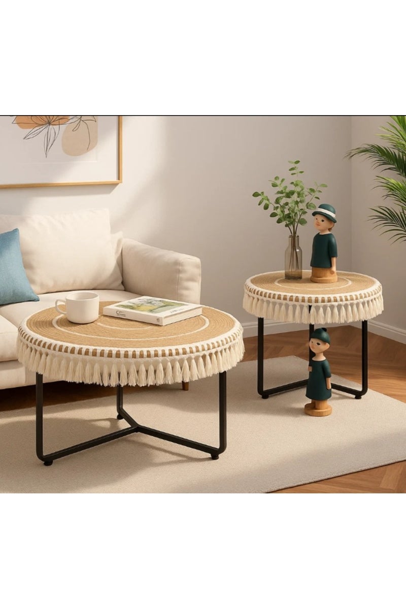 LINGWEI 2‑Piece Natural Jute & Wood Nesting Coffee Table Set – Round Boho Accent Tables with Metal Legs, Tassel Trim - Image 4
