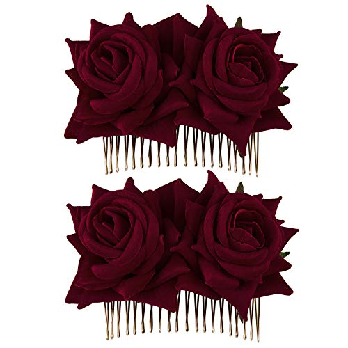CROWN GUIDE 2-Pack Rose Flower Bridal Hair Combs Women Wedding Hair Accessories Pieces For Brides Flamenco Dancer Hairstyles Burgundy - Image 1