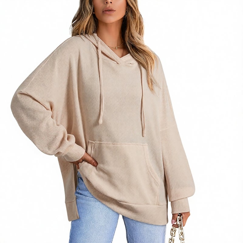 Women's Hooded Waffle Knit Side Slit Pullover Sweatshirt with Pockets Long Sleeve - Image 1