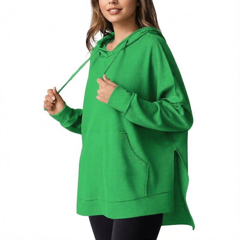 Women's Hooded Waffle Knit Side Slit Pullover Sweatshirt with Pockets Long Sleeve - Image 3