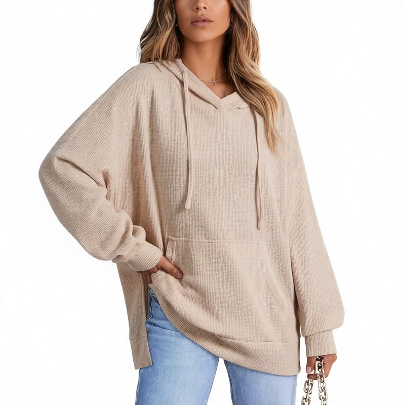 Women's Hooded Waffle Knit Side Slit Pullover Sweatshirt with Pockets Long Sleeve - Image 2