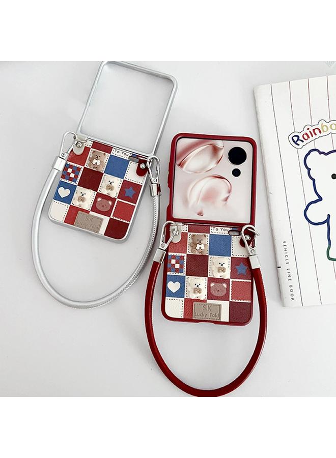 اس-توب جراب لهاتف Honor Magic V Flip Lattice Little Bear Pattern بتغطية كاملة مع حزام معصم - Image 4