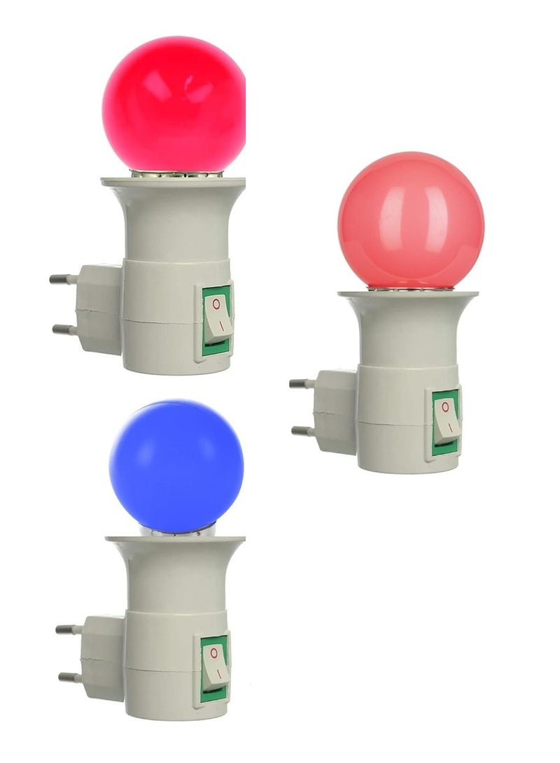 عدد 3 لمبات + 3 وناسة للإضاءة الليلية بمفتاح بقاعدة E27 لمبة ليد 1 وات إضاءة (زهري - ازرق - احمر)