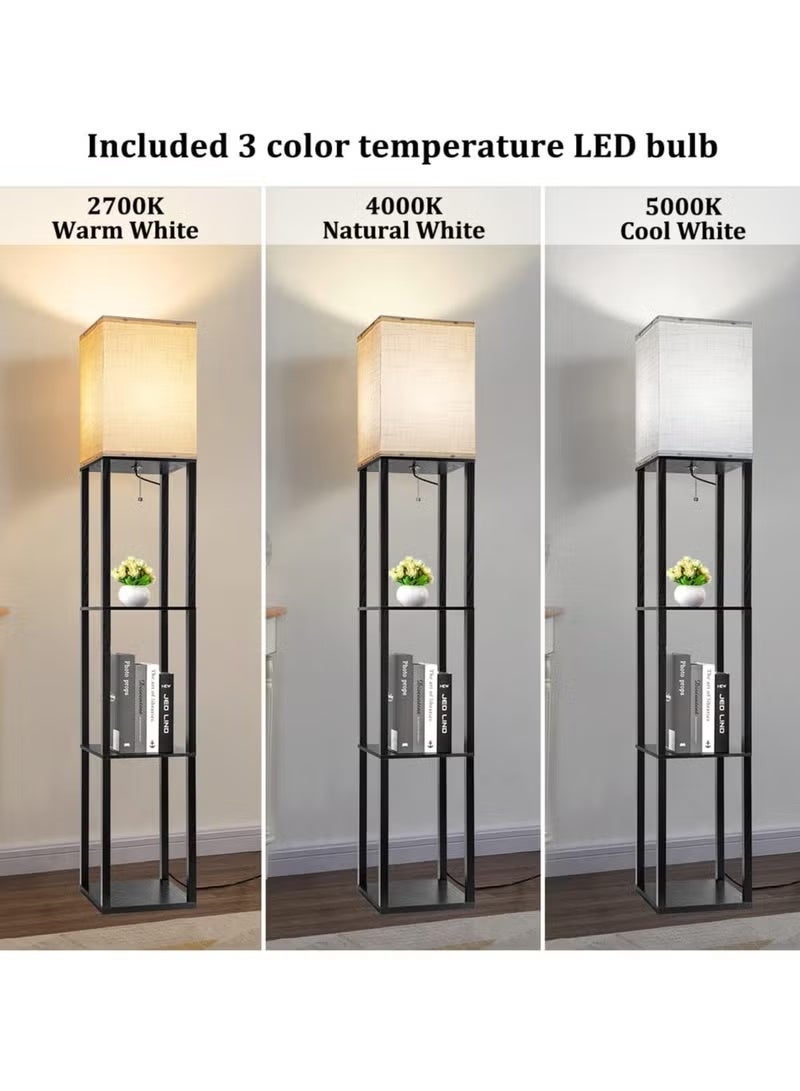FUOE Floor-standing shelf lamp with warm lighting, equipped with three color temperature LED bulbs and a smart remote control, wood grain finish, modern style, suitable for living rooms, offices, bedrooms, etc., metallic black. - Image 4