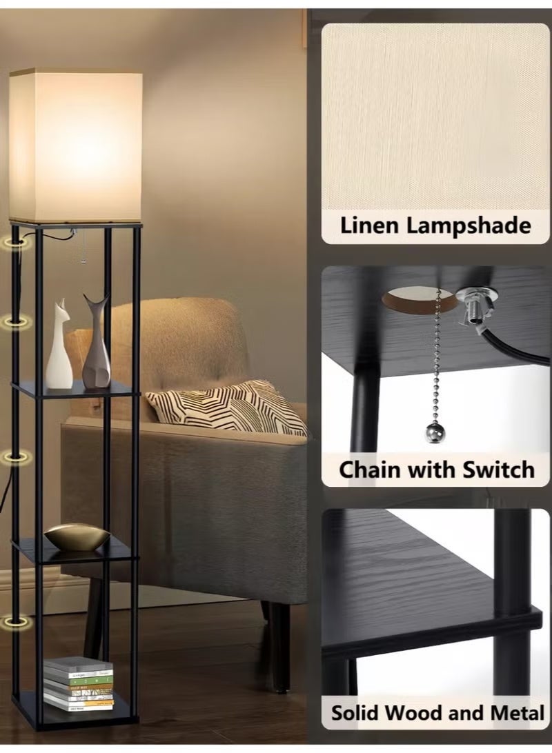 FUOE Floor-standing shelf lamp with warm lighting, equipped with three color temperature LED bulbs and a smart remote control, wood grain finish, modern style, suitable for living rooms, offices, bedrooms, etc., metallic black. - Image 5