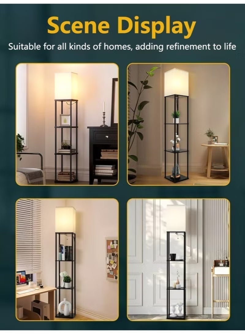 FUOE Floor-standing shelf lamp with warm lighting, equipped with three color temperature LED bulbs and a smart remote control, wood grain finish, modern style, suitable for living rooms, offices, bedrooms, etc., metallic black. - Image 3