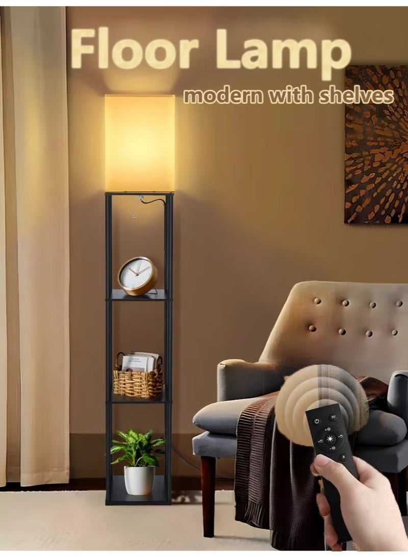 FUOE Floor-standing shelf lamp with warm lighting, equipped with three color temperature LED bulbs and a smart remote control, wood grain finish, modern style, suitable for living rooms, offices, bedrooms, etc., metallic black. - Image 1