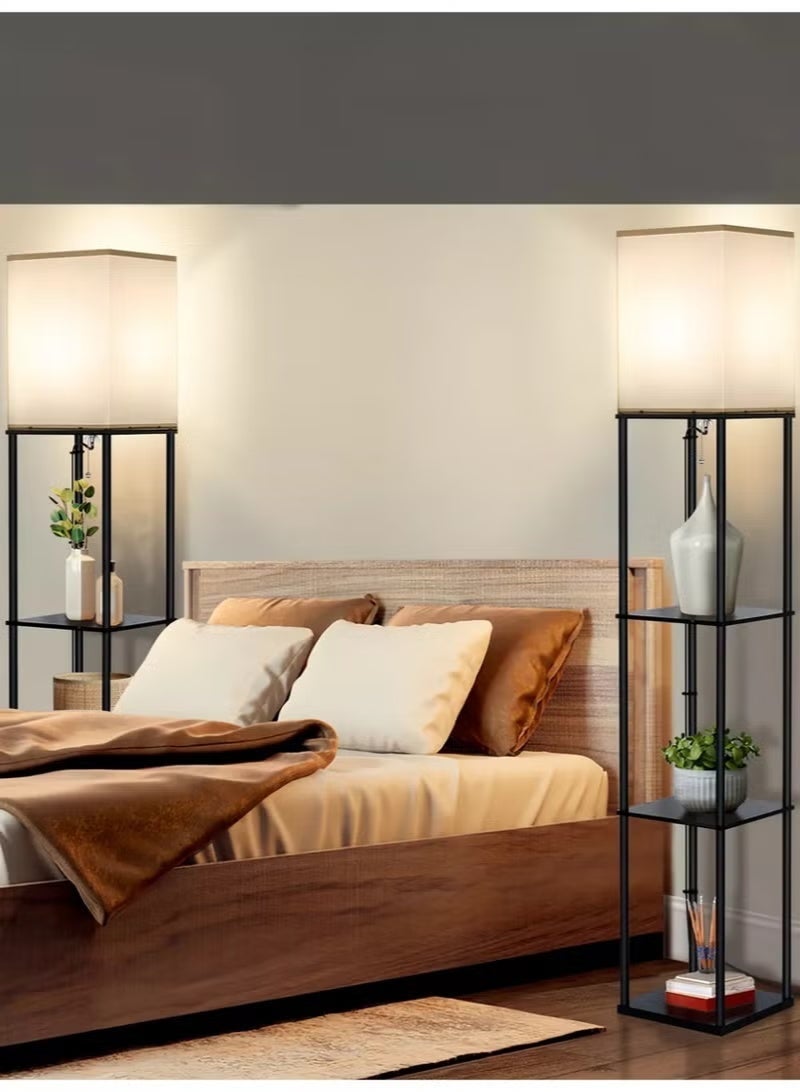 FUOE Floor-standing shelf lamp with warm lighting, equipped with three color temperature LED bulbs and a smart remote control, wood grain finish, modern style, suitable for living rooms, offices, bedrooms, etc., metallic black. - Image 2