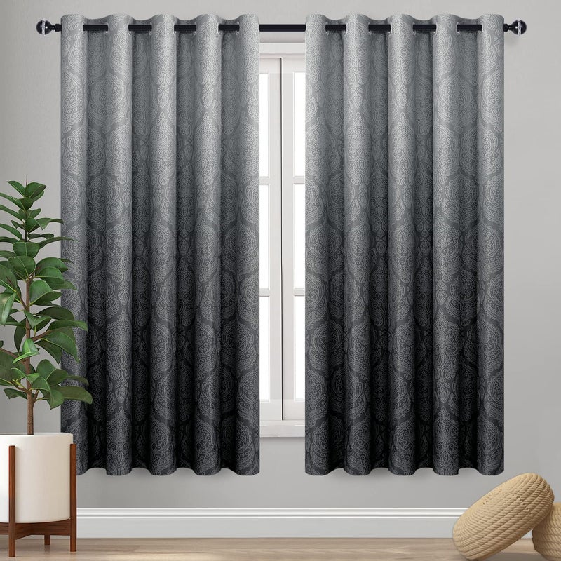 DWCN Ombre Blackout Curtains for Bedroom  Damask Patterned Thermal Insulated Energy Saving Grommet Curtains for Living Room Set of 2 Gradient Window Curtain Panels 60 x 63 Inch Length Black