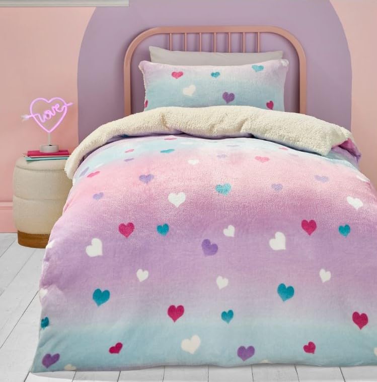 Bedlam  Pink Heart Teddy Fleece Duvet Cover  Single Size 140 x 200cm  Soft  Cosy Pink Ombre Duvet Cover for Girls  Rainbow Bedding with Love Heart for Kids